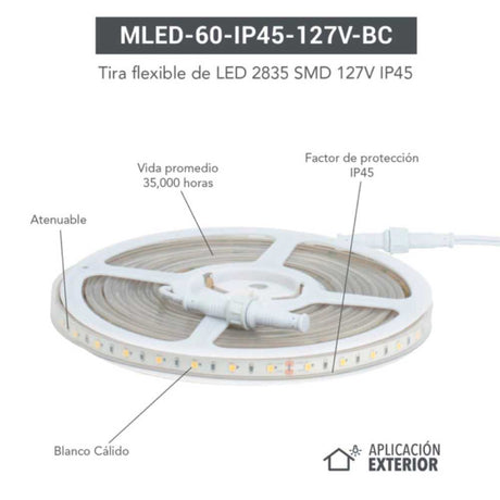KIT DE 2 TIRAS DE LED FLEXIBLES CON RECUBRIMIENTO DE SILICON 5M 127V IP45 BLANCO CALIDO TECNOLITE