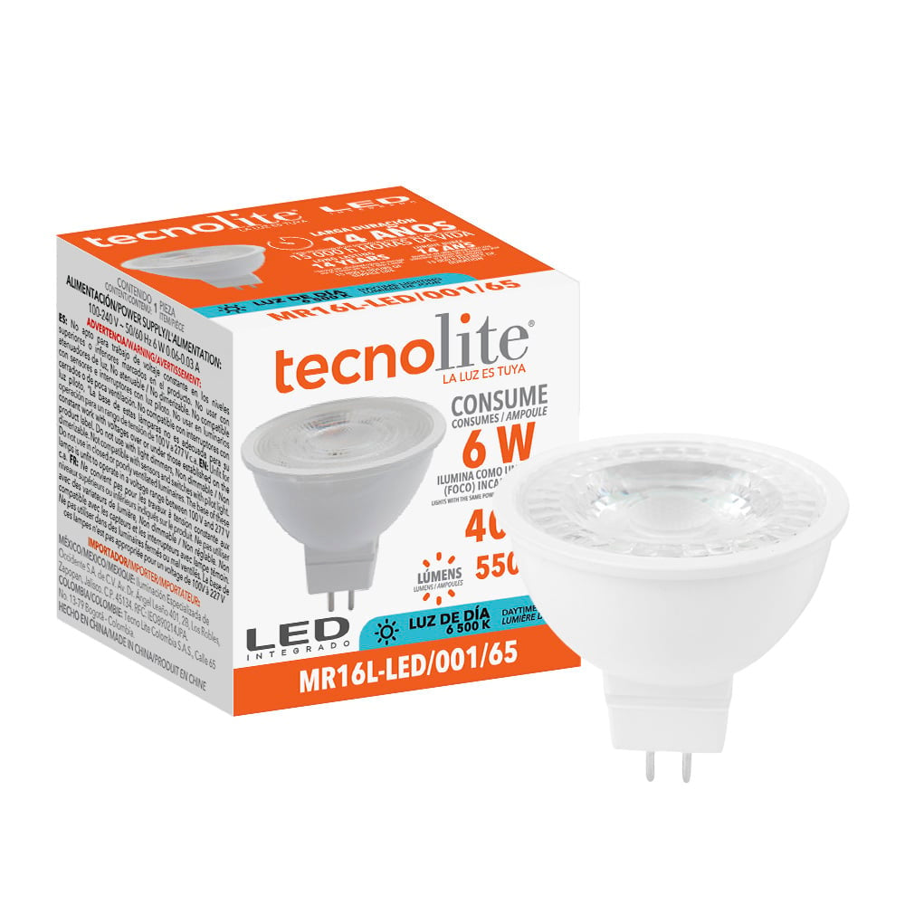 KIT DE 27 PIEZAS DE FOCO LED TECNOLITE TIPO MR16 6W LUZ DE DIA BASE GX5.3