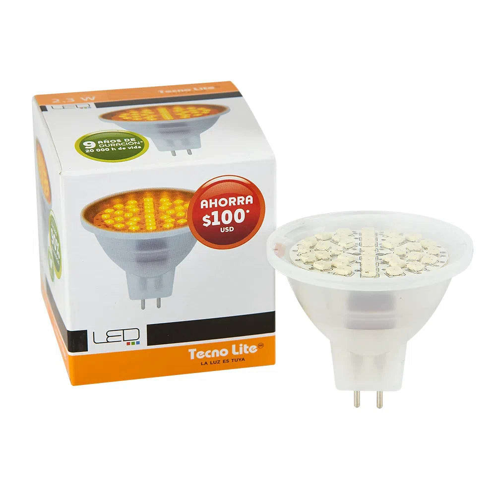 KIT DE 10 PIEZAS DE FOCO LED TECNOLITE TIPO MR16 2.3W LUZ AMARILLA BASE GX5.3