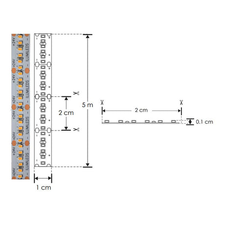 TIRA EXTRAPLANA LED 2216 5 MTS C/300 LEDS BLANCO CALIDO 24VCA 2200 K 24W OPTICA 120G ILUMILEDS
