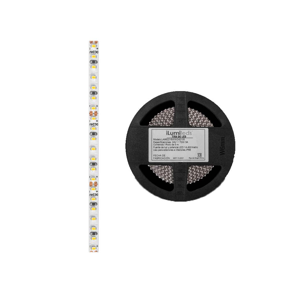 TIRA EXTRAPLANA DE LED 2216 5 M 210 LED  3500 K 14.4W/M 120 24V  CRI90 PCB IP66 ILUMILEDS