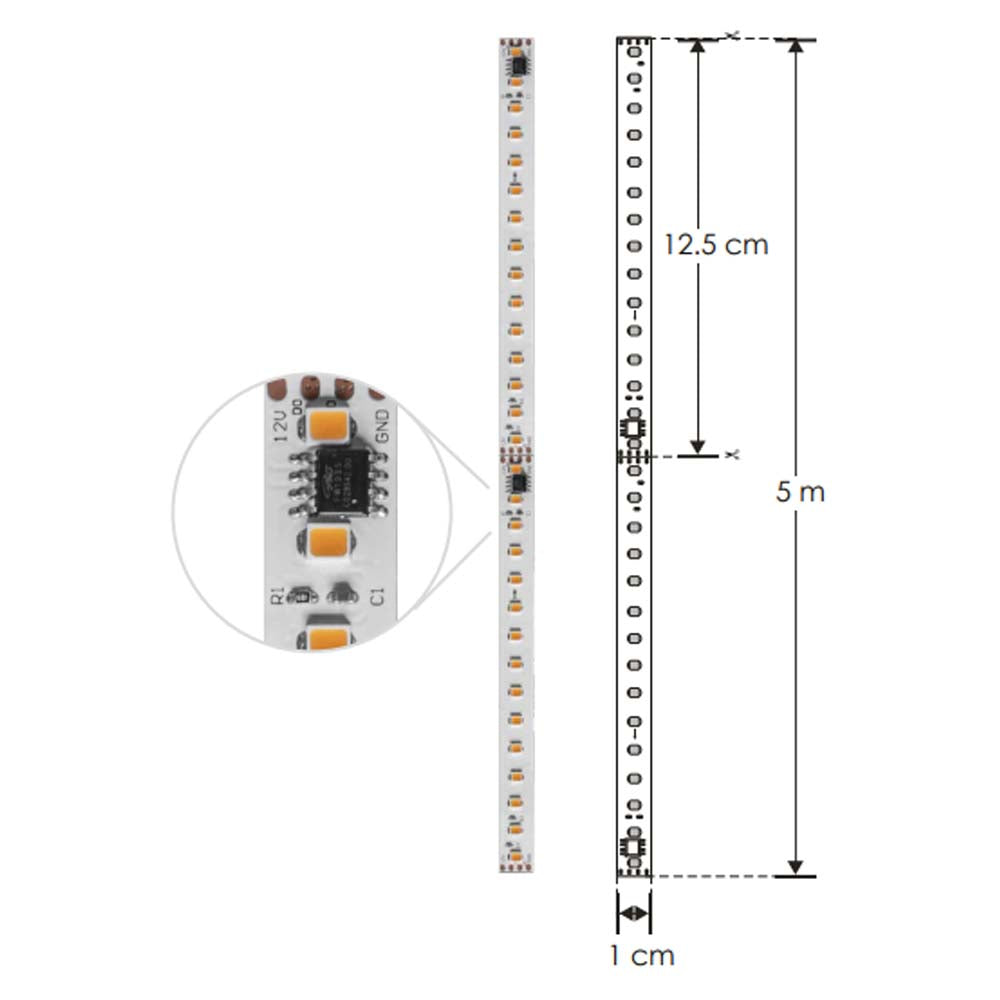 TIRA EXTRAPLANA DE LED 2835 5 M CON 120 LEDS POR M BLANCO CALIDO TIPO PIXEL 8W POR M OPTICA 120 PISTA DE COBRE ACABADO BLANCO CON AUTOADHESIVO 3M PCB 2 OZ DOBLE CARA 24 V CC IP20