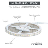 TIRA FLEXIBLE LEDS C/RECUBRIMIENTO SILICON 5M. 127V. IP45 BLANCO CALIDO MLED-60-IP45-127V-CD/BC