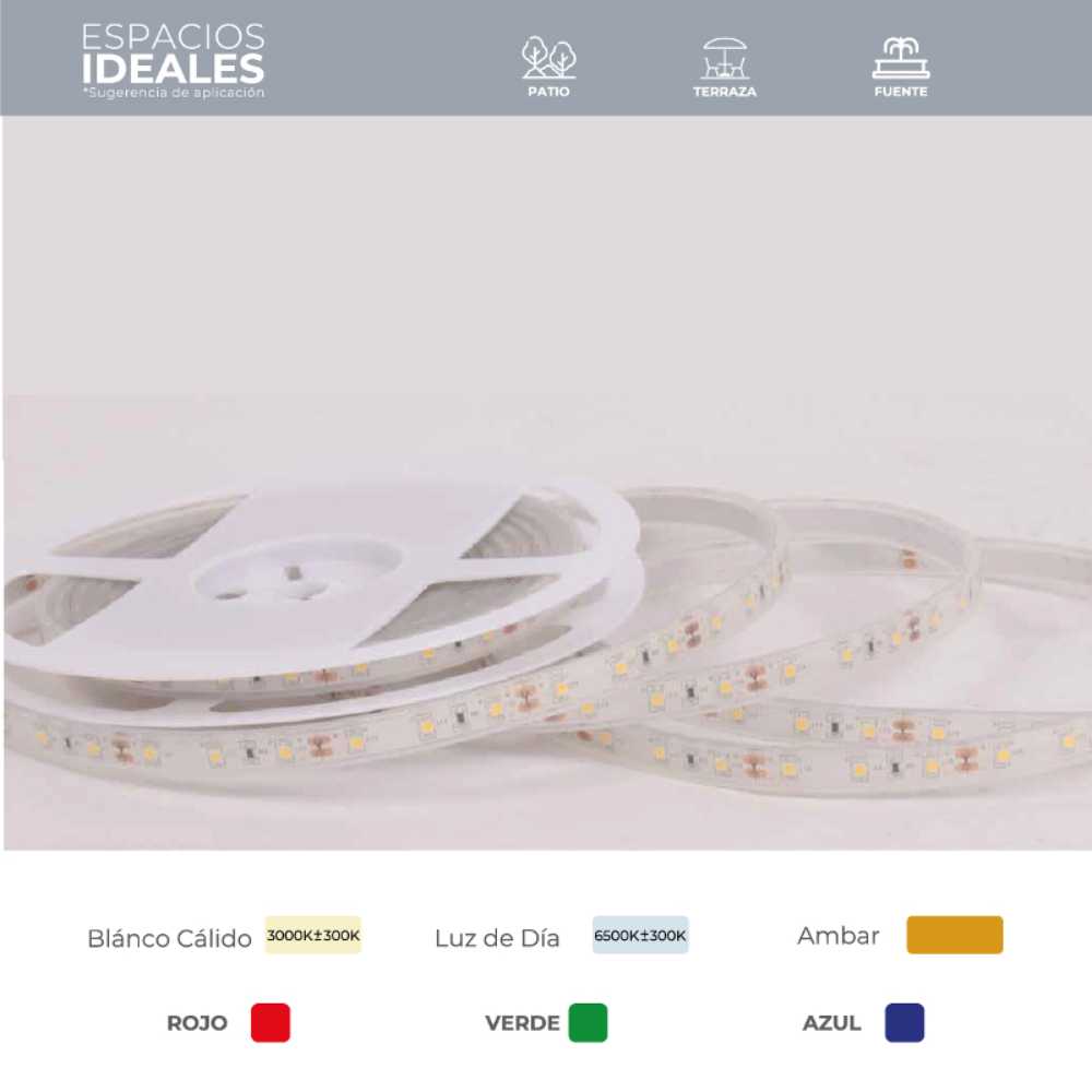 TIRA FLEXIBLE LEDS C/RECUBRIMIENTO SILICON 5M. 127V. IP45 BLANCO CALIDO MLED-60-IP45-127V-CD/BC