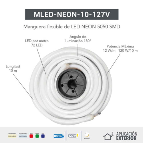 MANGUERA FLEXIBLE LED NEON 5050SMD 127V IP65 10M VERDE MLED-NEON-10M-127V/VE *** SOBRE PEDIDO *** *** H.A.E. 2021 ***