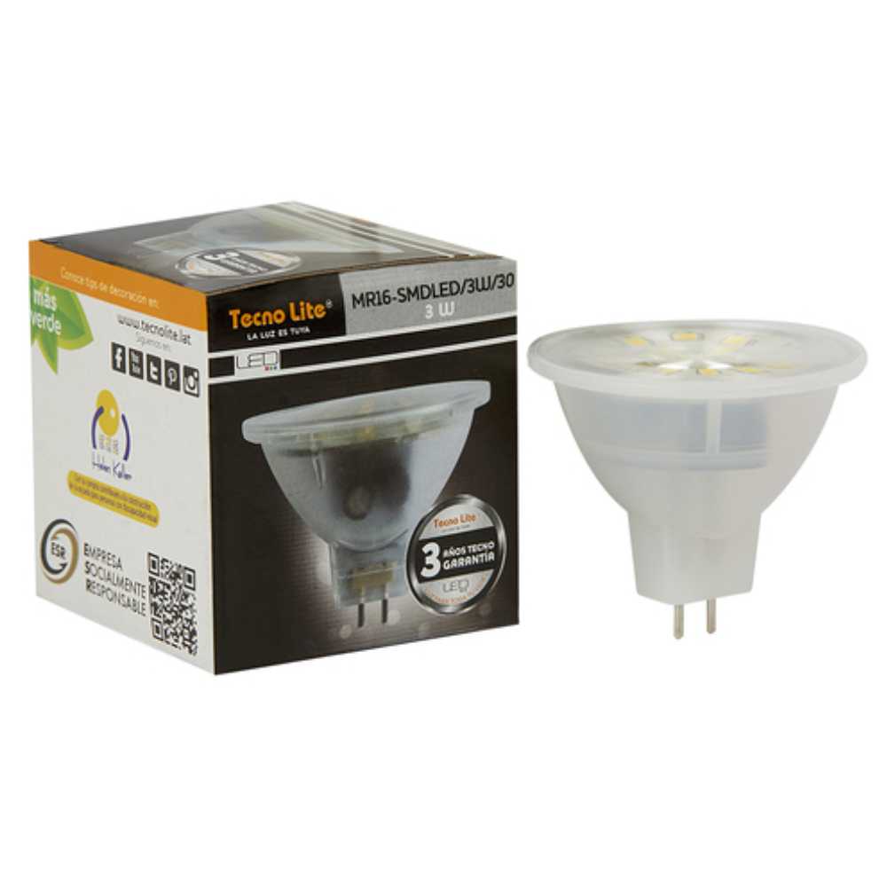 FOCO LED TECNOLITE TIPO MR16 3W LUZ SUAVE CÁLIDA BASE GX5.3 MR16-SMDLED/3W/30