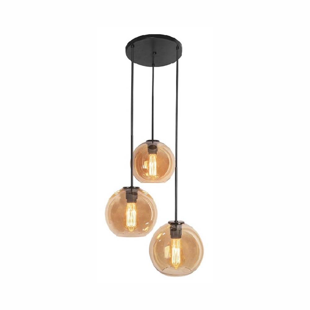 LUMINARIO COLGANTE BASE METALICA NEGRA VIDRIO SOPLADO COLOR AMBAR ESFERAS DE 20CM 18CM 15CM H-120 127V LAMPARA OPCIONAL NO INCLUIDA