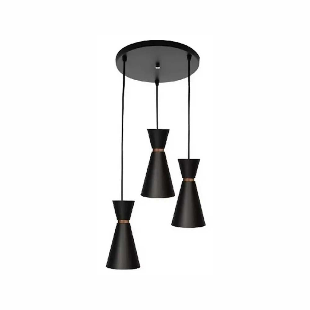 LUMINARIO COLGANTE LAMINA DE ACERO 3 COLGANTES EN DESNIVEL COLOR NEGRO CON DETALLE EN COLOR DORADO 127V LAMPARA OPCIONAL NO INCLUIDA