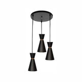 LUMINARIO COLGANTE LAMINA DE ACERO 3 COLGANTES EN DESNIVEL COLOR NEGRO CON DETALLE EN COLOR DORADO 127V LAMPARA OPCIONAL NO INCLUIDA