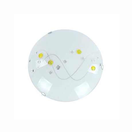 LUMINARIO DE TECHO PLAFON PANTALLA EN VIDRIO SATINADO CON INCRUSTACIONES AMARILLAS Y GRIS CUERPO Y GARRAS CROMADAS EN LAMINA DE ACERO USO INTERIOR NO INCLUYE LAMPARAS