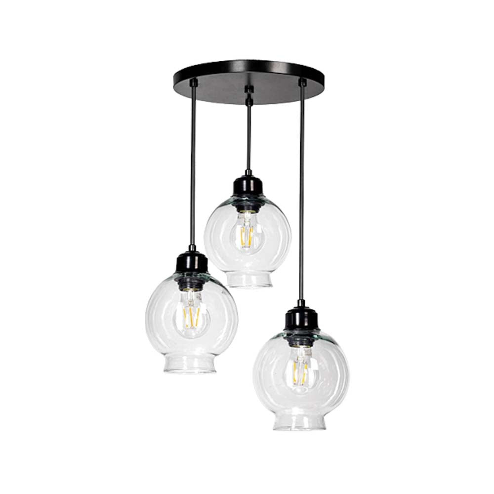 LUMINARIA COLGANTE LAMINA DE ACERO COLOR NEGRO + VIDRIO SOPLADO TRANSPARENTE 35cm H-120cm 127V- BASE DE TECHO REDONDA LAMPARA OPCIONAL NO INCLUIDA*** HAE ***