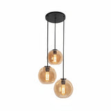 LUMINARIO COLGANTE BASE METALICA NEGRA VIDRIO SOPLADO COLOR AMBAR ESFERAS DE 20CM 18CM 15CM H-120 127V LAMPARA OPCIONAL NO INCLUIDA