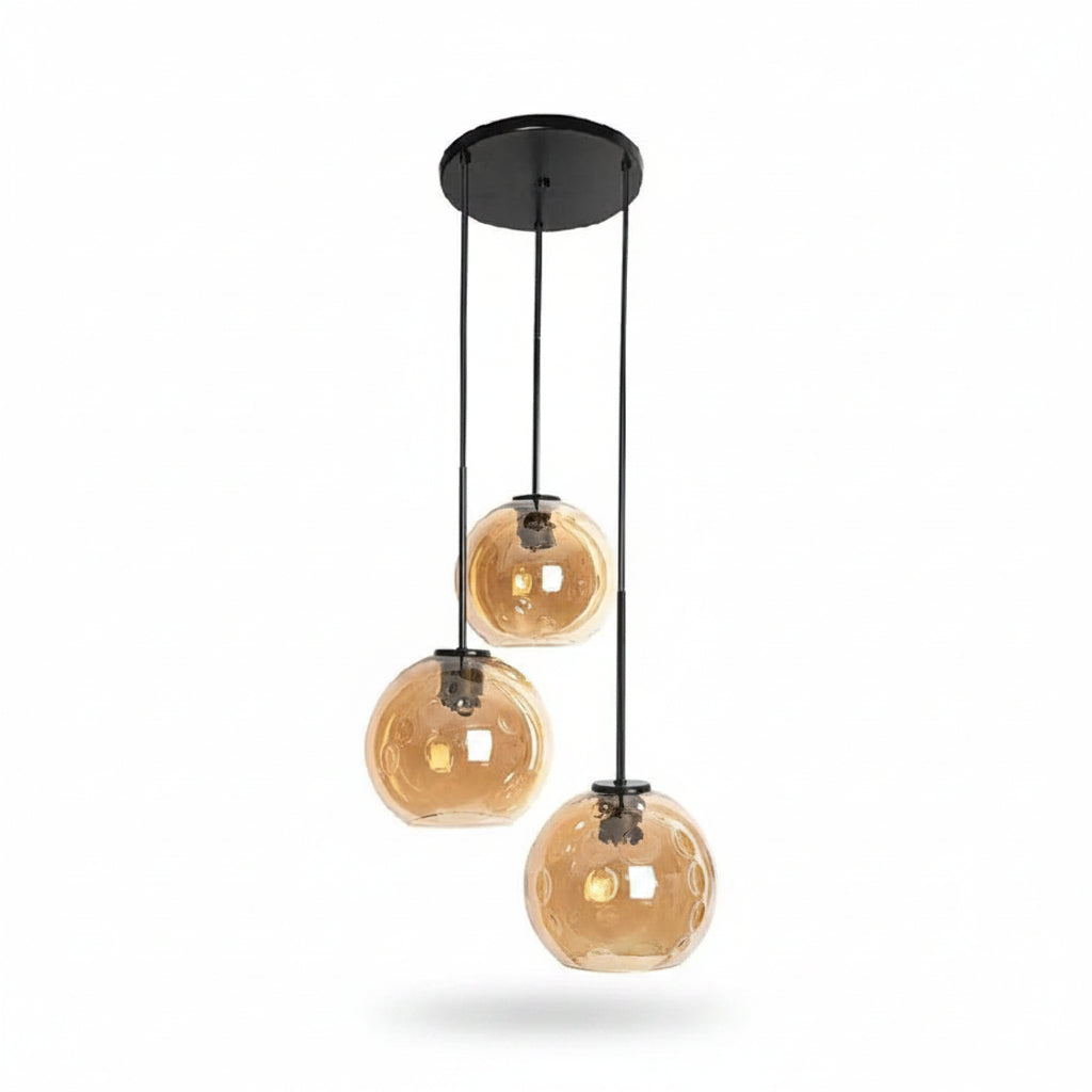 LUMINARIO COLGANTE BASE METALICA NEGRA VIDRIO SOPLADO COLOR AMBAR ESFERAS DE 20CM 18CM 15CM H-120 127V LAMPARA OPCIONAL NO INCLUIDA
