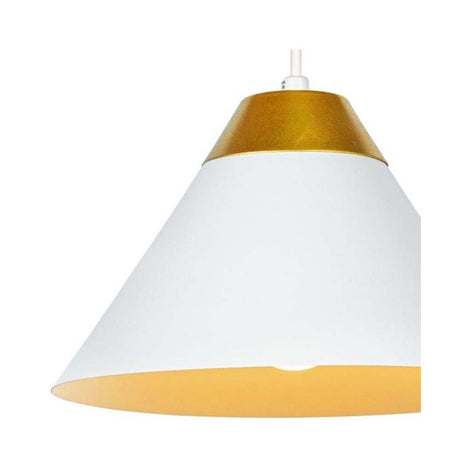 LUMINARIO COLGANTE PANTALLA DE METAL COLOR BLANCO INTERIOR DORADO BASE METALICA Y CABLE EN COLOR BLANCO 23.5CM H120CM USO INTERIOR NO INCLUYE LAMPARA