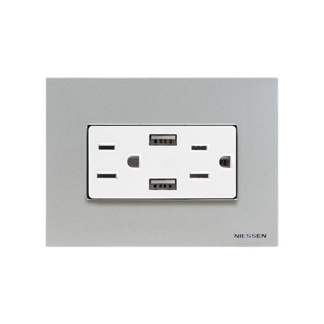 CONTACTO DÚPLEX ESTEVEZ ZENIT 2 POLOS CON TIERRA Y 2 CONTACTOS USB BLANCO CON PLACA PLATA