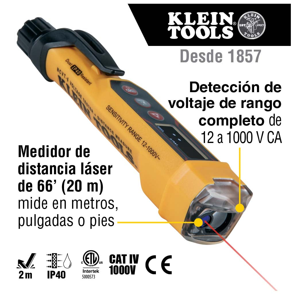PROBADOR DE VOLTAJE SIN CONTACTO TIPO LAPIZ 12-1000VCA CON MEDIDOR DE DISTANCIA LASER KLEIN TOOLS