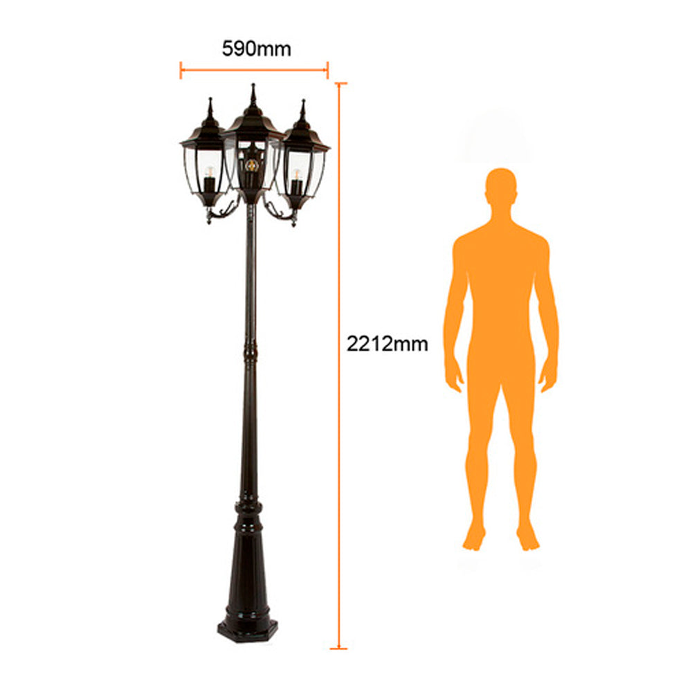 POSTE DE LUZ BADALONA TRES FAROLES 2.21M DE ALTURA 180W TRES BASES E27 NO INCLUYE FOCOS NEGRO
