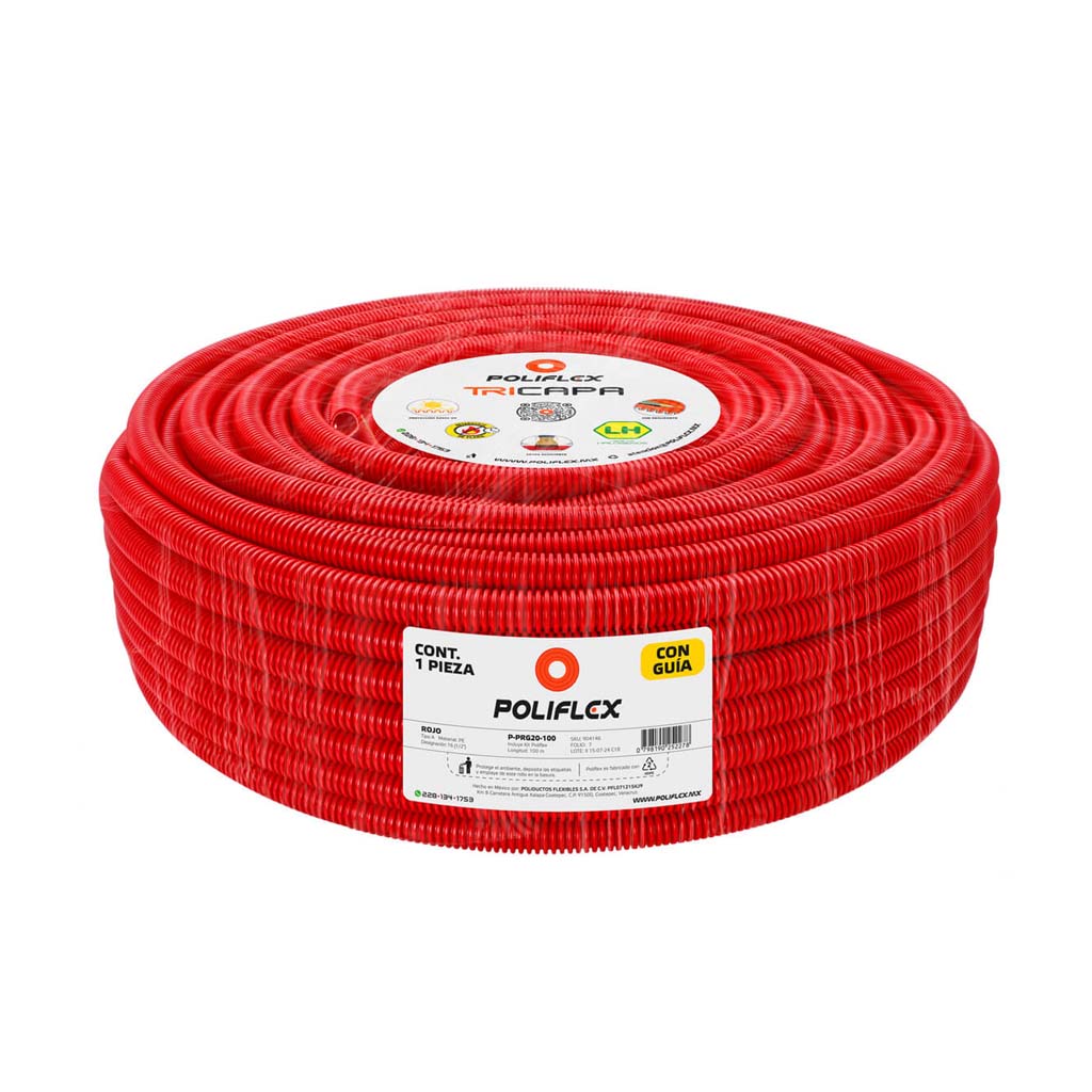 POLIFLEX EXTRA RESISTENTE ROJO 1/2" C/GUIA P-PRG20-100*** EXCLUSIVO ROLLO 100MTS***