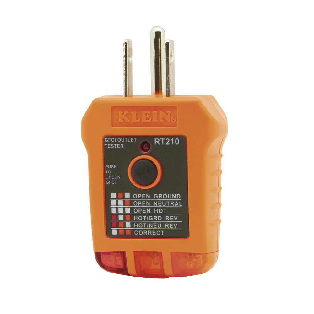 PROBADOR DE TOMACORRIENTES KLEIN TOOLS CON SECUENCIA DE LUCES EN EL PROBADOR CON GFCI