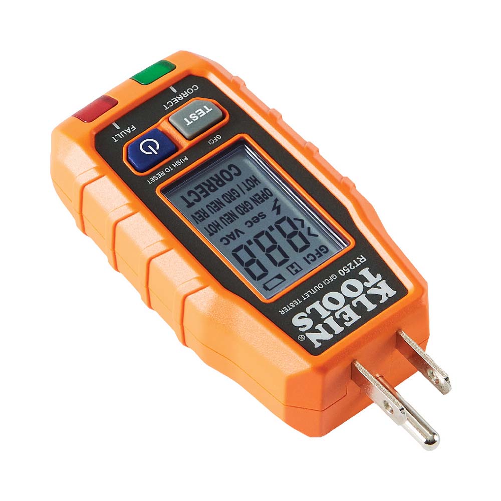 PROBADOR DE TOMACORRIENTES KLEIN TOOLS CON SECUENCIA DE LUCES EN EL PROBADOR PARA RECEPTÁCULO GFCI Y PANTALLA LCD