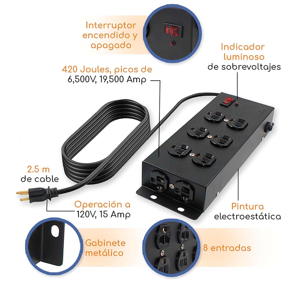 SUPRESOR PICOS 8 OUTLETS INDUSTRIAL NEGRO