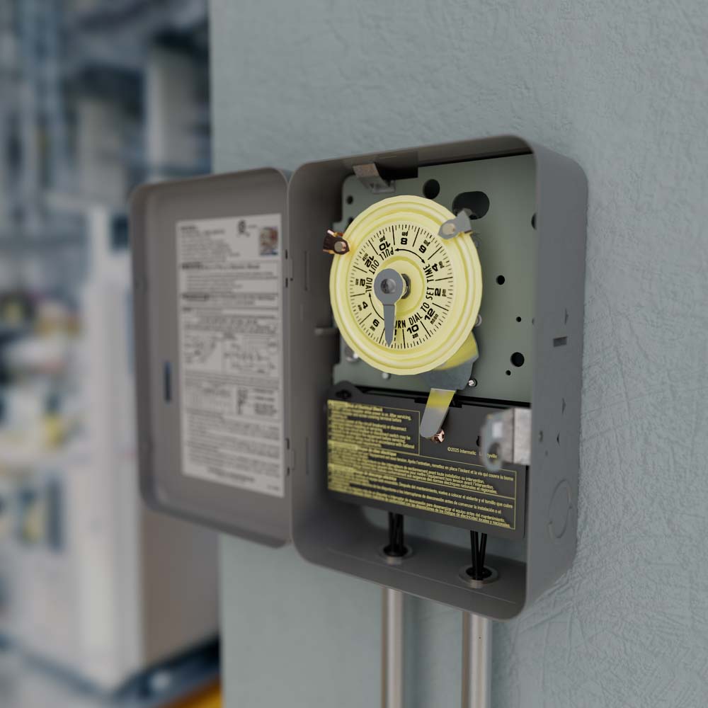 TEMPORIZADOR MECANICO 24HRS. 120VCA. INTERVALO DE 1HR. SPST CON CAJA METALICA PARA INTERIOR INTERMATIC
