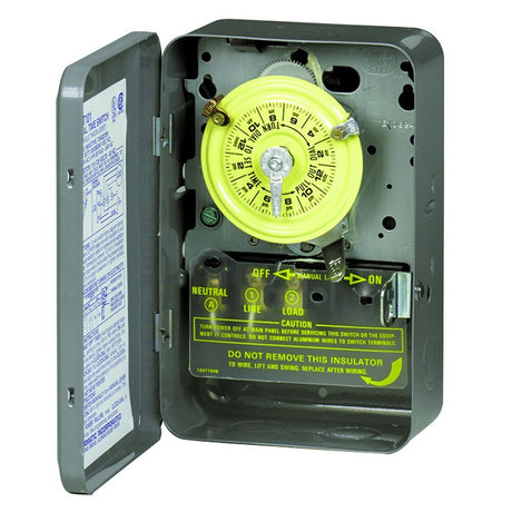 TEMPORIZADOR MECANICO 24HRS. 208-277VCA. INTERVALO DE 1HR. SPST CON CAJA METALICA PARA INTERIOR INTERMATIC