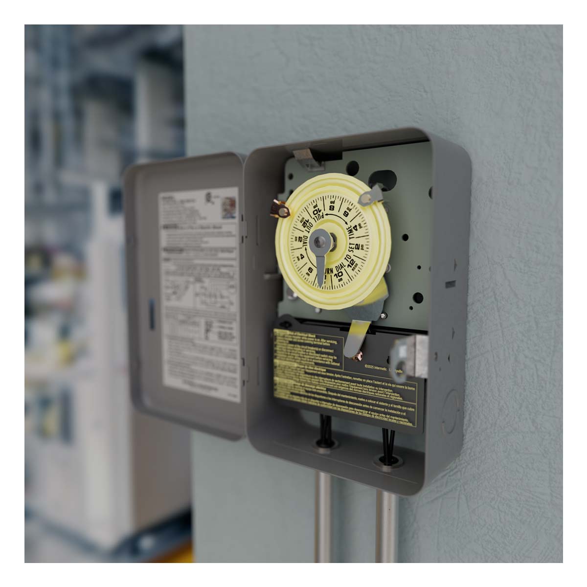 TEMPORIZADOR MECANICO 24HRS. 208-277VCA. INTERVALO DE 1HR. DPST CON CAJA METALICA PARA INTERIOR INTERMATIC