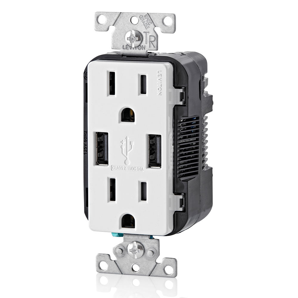 RECEPTACULO DUPLEX DECORA TAMPER RESISTANT 2 PTOS USB 3.6A 15A 125V 2P3H BCO S/ PLACA