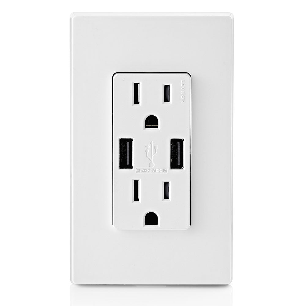 RECEPTACULO DUPLEX DECORA TAMPER RESISTANT 2 PTOS USB 3.6A 15A 125V 2P3H BCO S/ PLACA