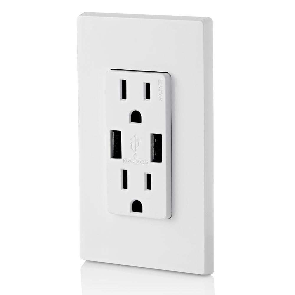 RECEPTACULO DUPLEX DECORA TAMPER RESISTANT 2 PTOS USB 3.6A 15A 125V 2P3H BCO S/ PLACA