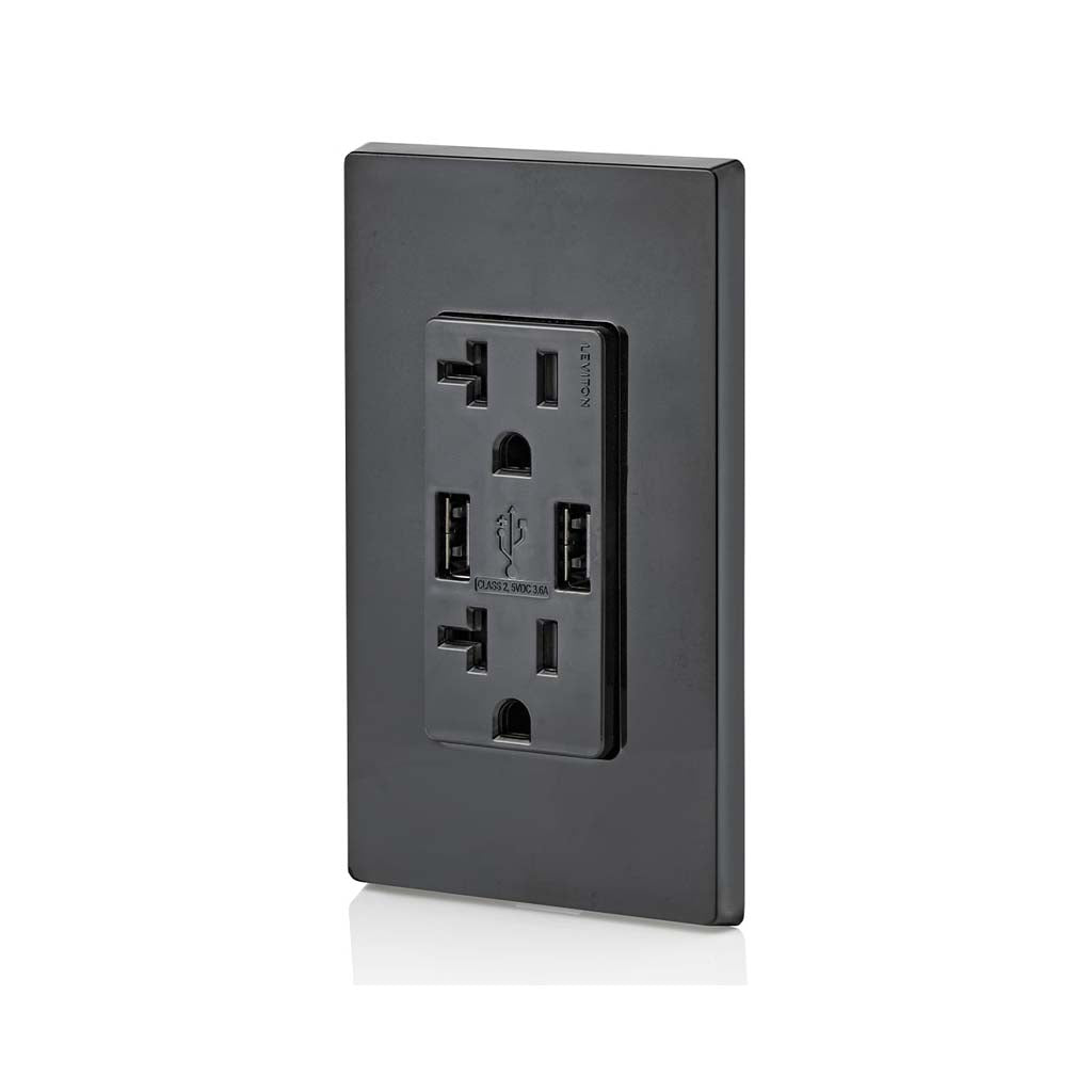 RECEPTACULO DUPLEX DECORA TR 2 PTOS USB 3.6A 20A 125V 2P3H NEGRO ***HAE***