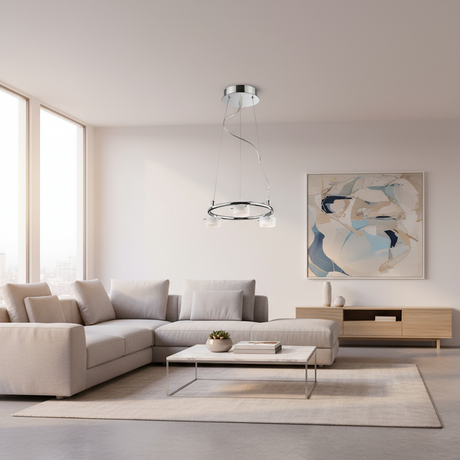 LUMINARIO COLGANTE TECHO LED 3X4W/127V. CIRCULAR CROMO PANTALLA CRISTAL *** PRODUCTOS CON EXIST. NAVE 7