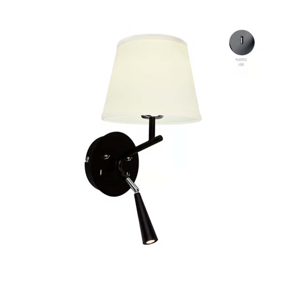 LAMPARA DE PARED CON LUZ DE LECTURA LED 1.5 W MAX. 60 W BASE E27 LUZ SUAVE CALIDA PUERTOS USB PARA DISPOSITIVOS SOBREPONER