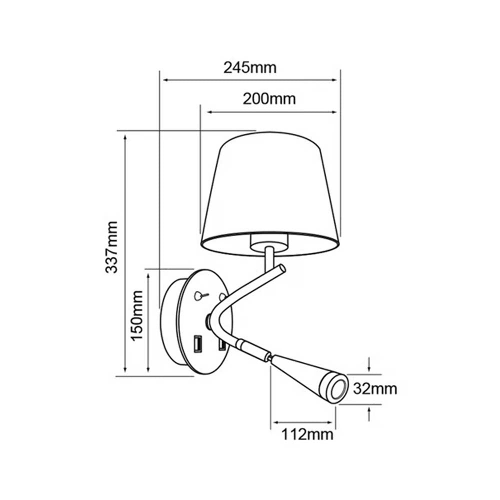 LAMPARA DE PARED CON LUZ DE LECTURA LED 1.5 W MAX. 60 W BASE E27 LUZ SUAVE CALIDA PUERTOS USB PARA DISPOSITIVOS SOBREPONER