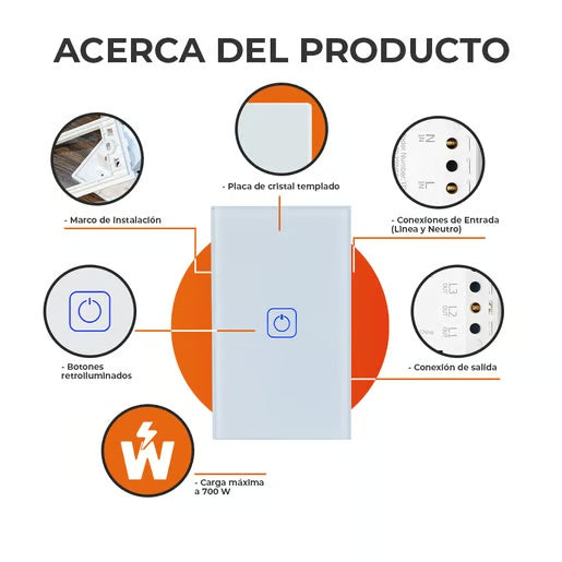 APAGADOR INTELIGENTE TACTIL WIFI 1 CIRCUITO REQUIERE CABLE NEUTRO COMPATIBLE CON APP MOVIL Y ASISTENTES DE VOZ TSWIM1MVBTCW