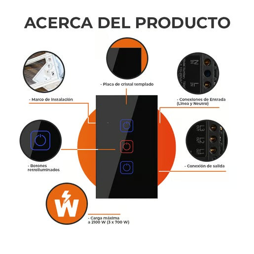 APAGADOR INTELIGENTE TACTIL WIFI 3 CIRCUITOS REQUIERE CABLE NEUTRO COMPATIBLE CON APP MOVIL Y ASISTENTES DE VOZ TSWIM3MVNTCW