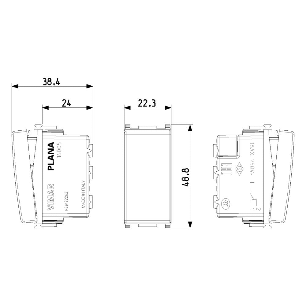 CONMUTADOR 1P 16AX. 250V. 1 MOD. ILUMINABLE BLANCO PLANA VIMAR