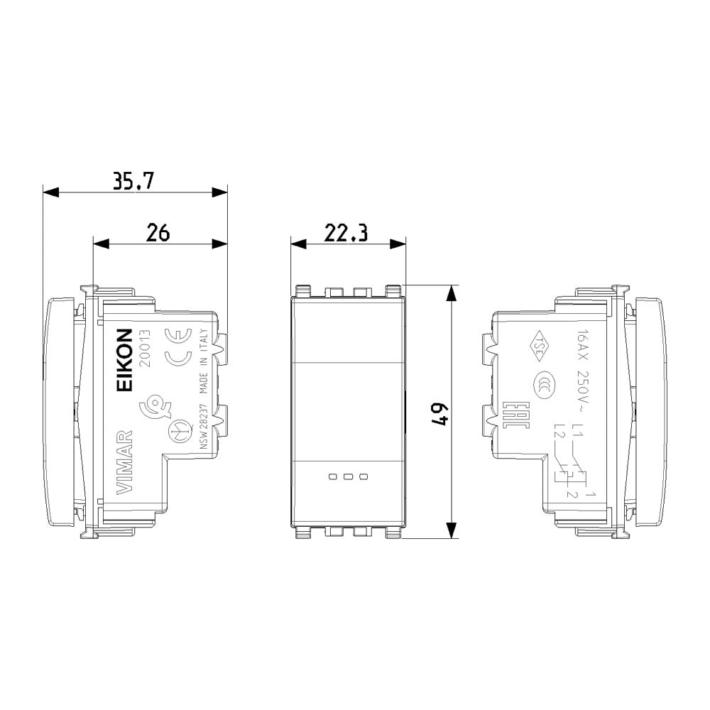 INTERRUPTOR CRUZADO 1P 16AX. 250V. 1 MOD. ILUMINABLE TECLA SUSTITUIBLE BLANCO EIKON VIMAR