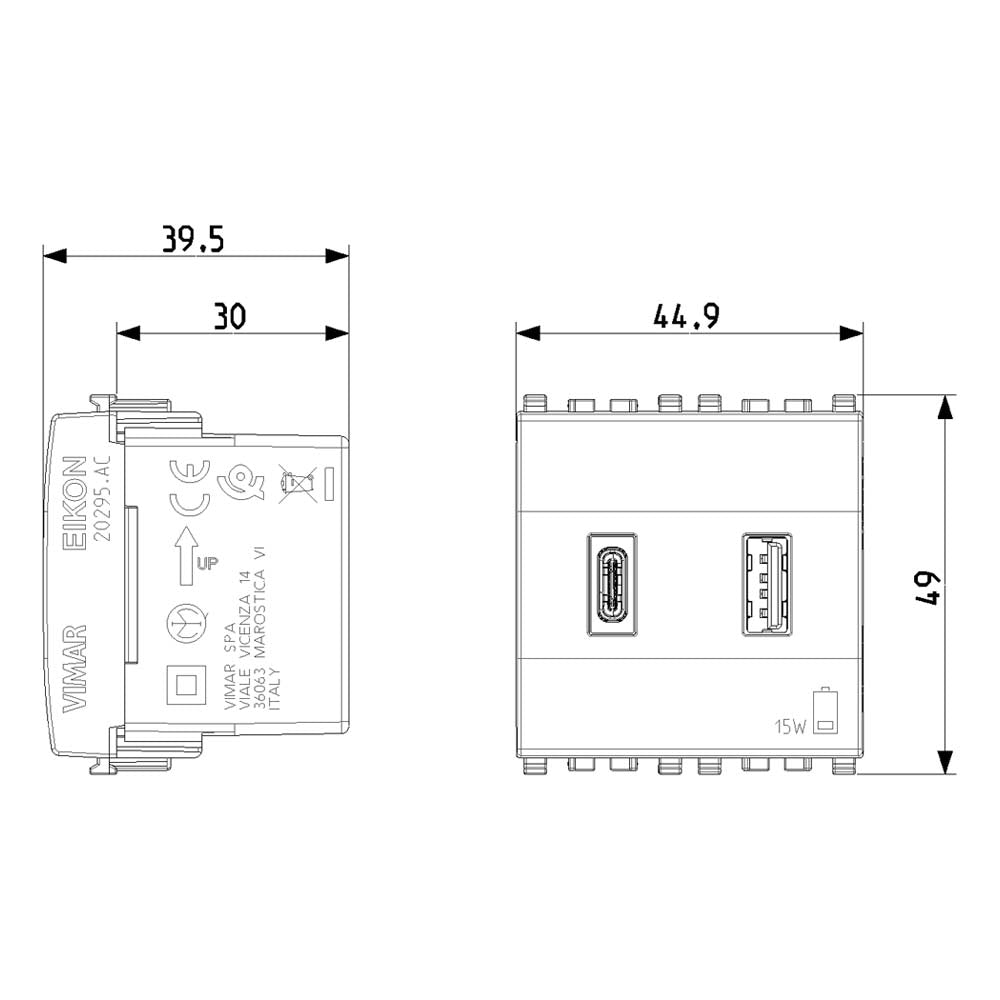 UNIDAD ALIMENTACION USB 5V.  2.1A. 2 MOD. 120-230V. BLANCO EIKON VIMAR