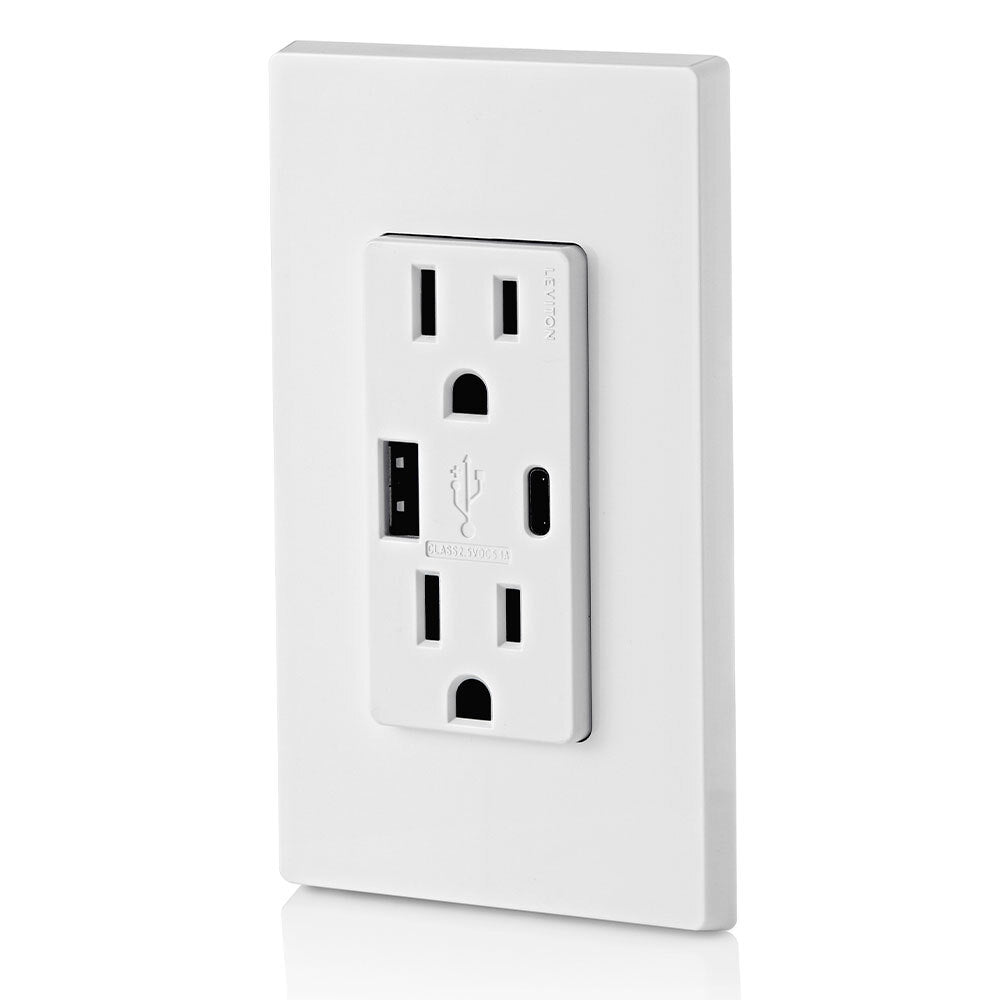 CONTACTO DUPLEX CON CARGADOR USB TIPO A Y C 15A. BLANCO LEVITON