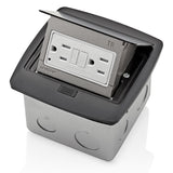 CAJA PARA PISO EMERGENTE 15A. SALIDA GFCI AUTOPRUEBA RESISTENTE A MANIPULACIONES NEGRO LEVITON