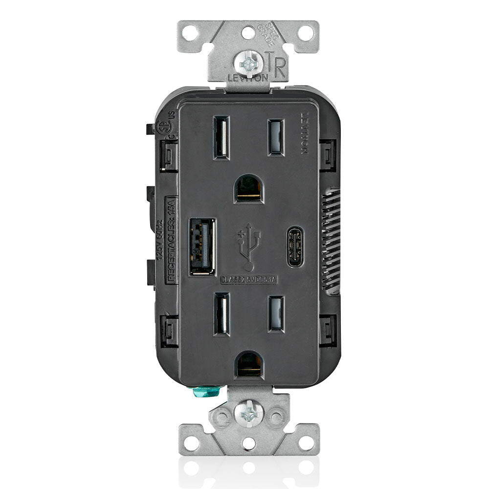 CONTACTO DUPLEX CON CARGADOR USB TIPO A Y C 15A. NEGRO LEVITON