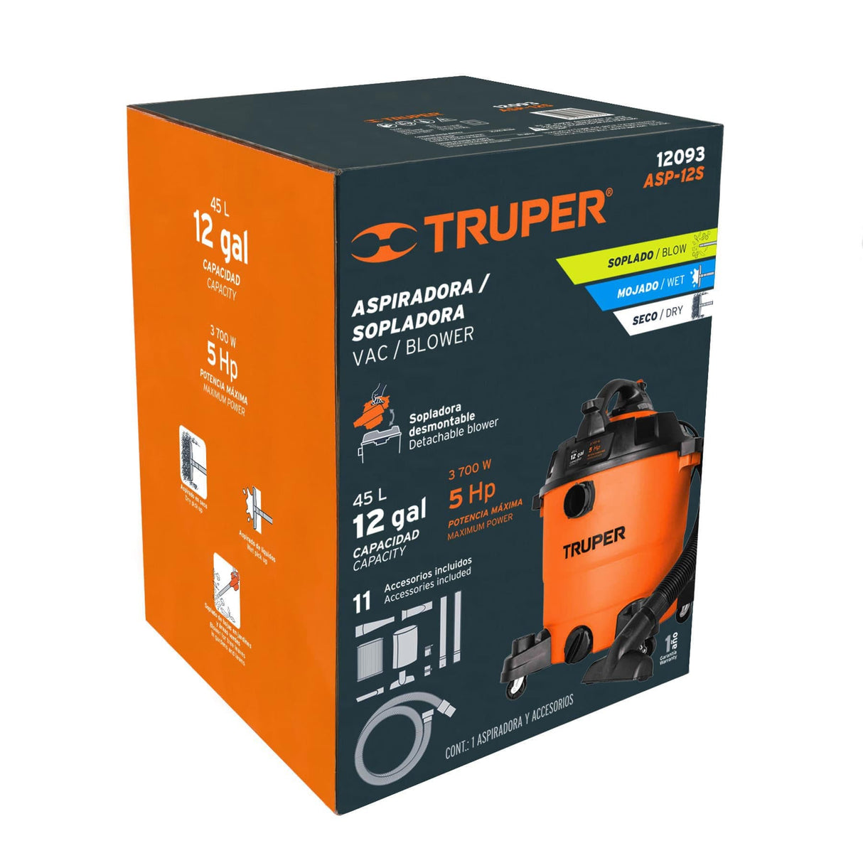 ASPIRADORA/SOPLADORA PLASTICA PARA LIQUIDOS Y SOLIDOS 45LTS. (12 GAL.) 5HP ASP-12S 12093 TRUPER