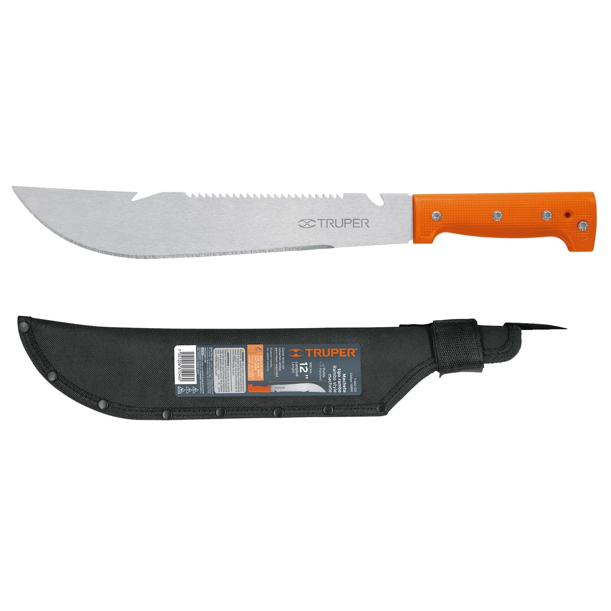 MACHETE TIPO RAMBO 12" CACHA NARANJA CON FUNDA MCA TRUPER