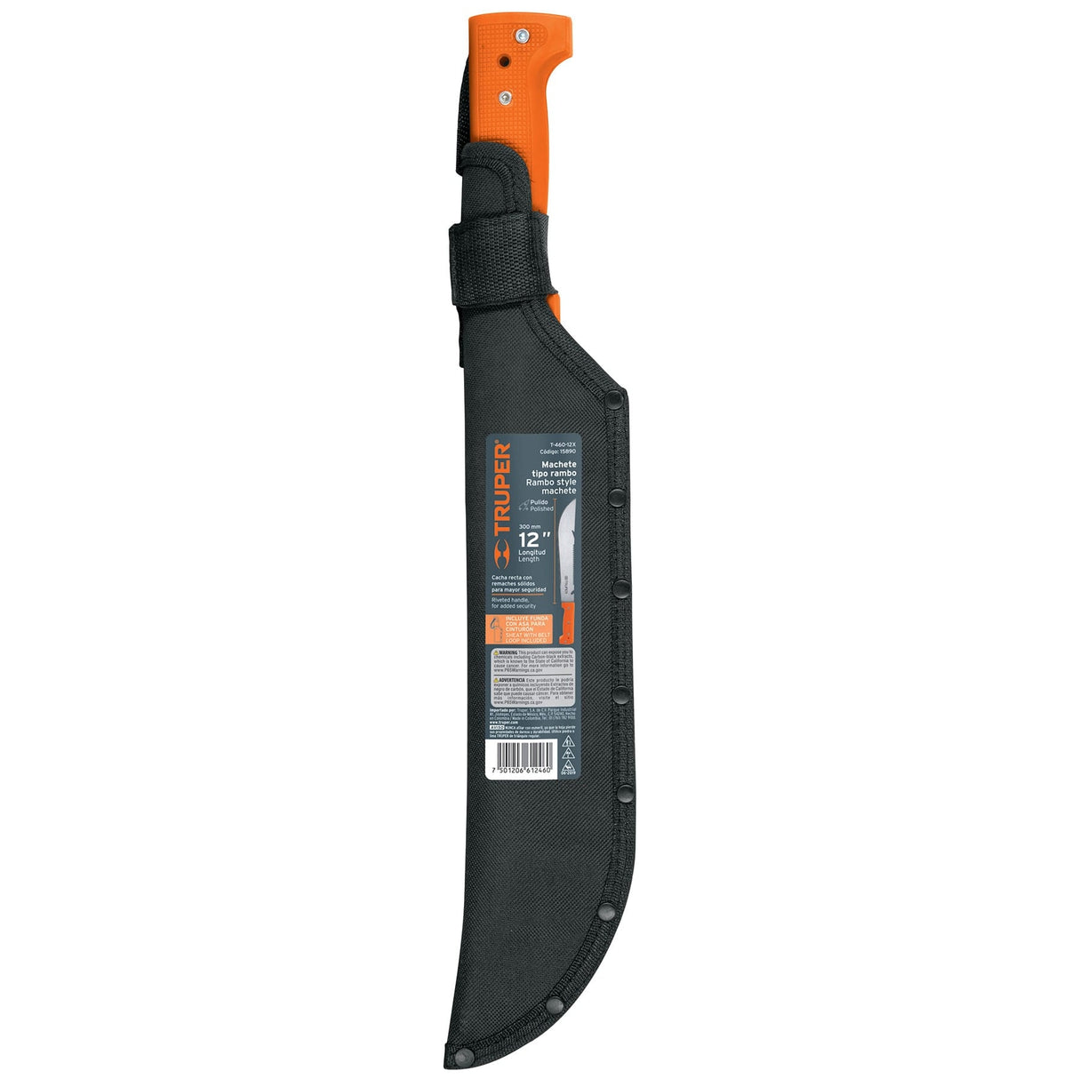 MACHETE TIPO RAMBO 12" CACHA NARANJA CON FUNDA MCA TRUPER
