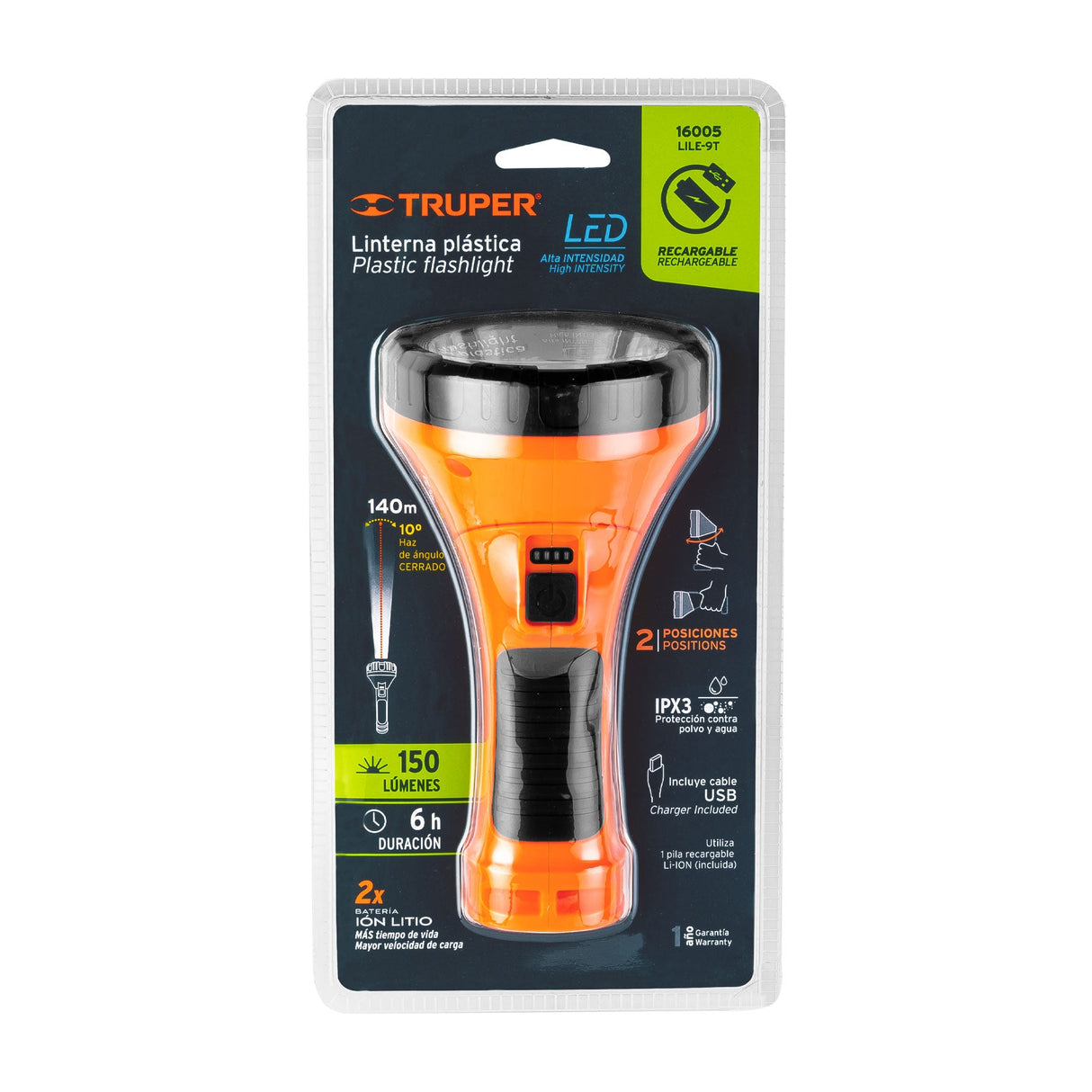 LINTERNA PLASTICA LED RECARGABLE 150LM LILE-9T 16005 TRUPER