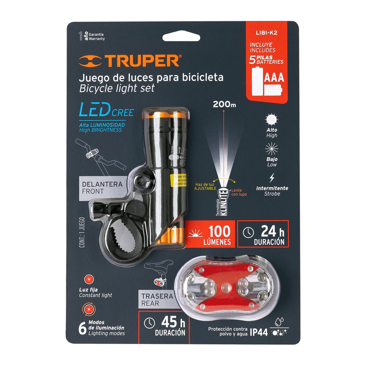 JUEGO DE LINTERNAS (DELANTERA-TRASERA) PARA BICICLETA LIBI-K2 16798 TRUPER
