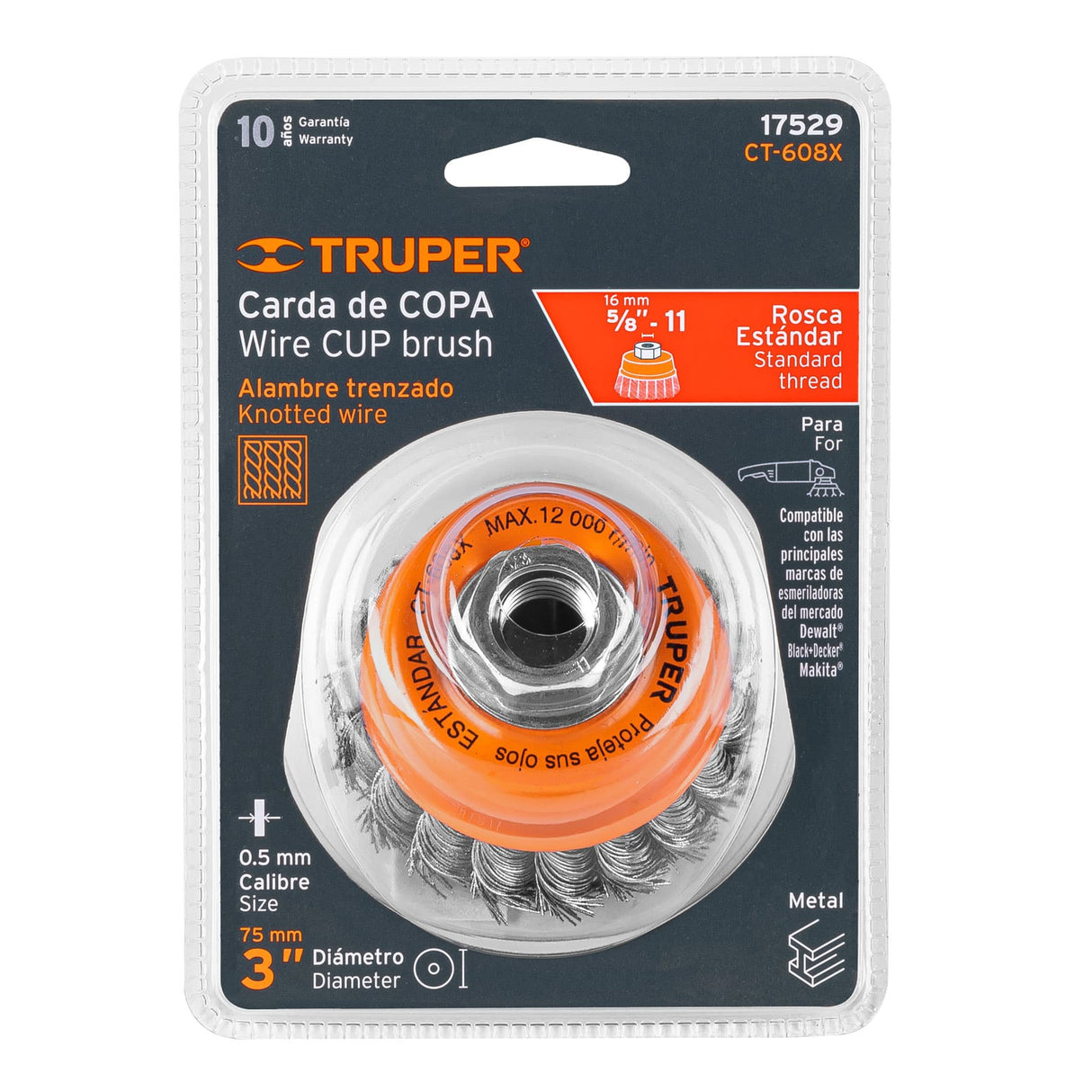 CARDA COPA ALAMBRE TRENZADO GRUESO 3X5/8" PARA ESMERIL MCA TRUPER
