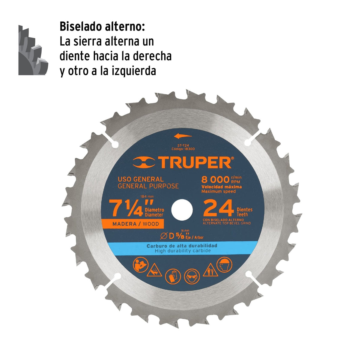 DISCO SIERRA P/MADERA 7 1/4" 24 DIENTES EJE 5/8" 8000RPM USO GENERAL ST-724 18300 TRUPER